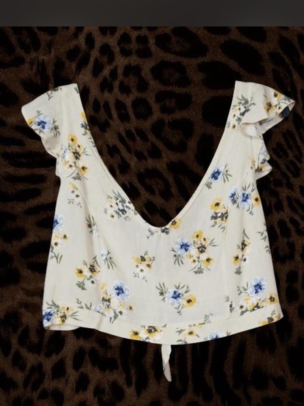 Floral Ruffle Sleeve Crop Top - White with Blue & Yellow Flowers